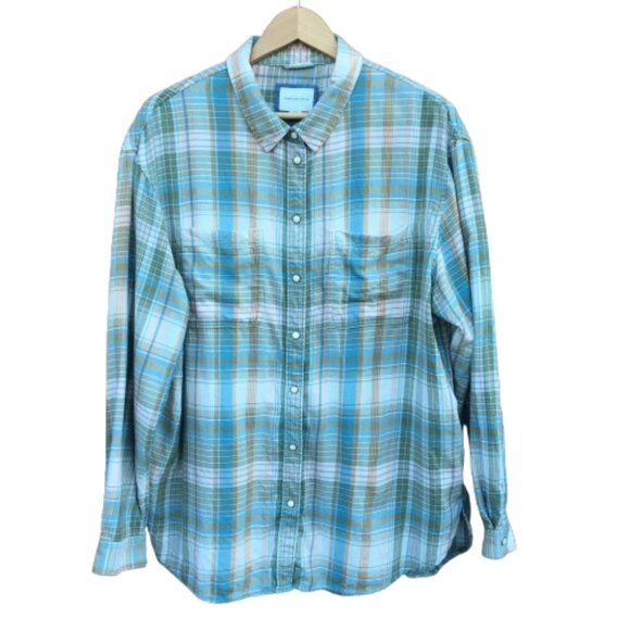 American Eagle Outfitters Tops - American Eagle Pearl Snap Flannel Shirt Womens Large Green Pink Plaid Western